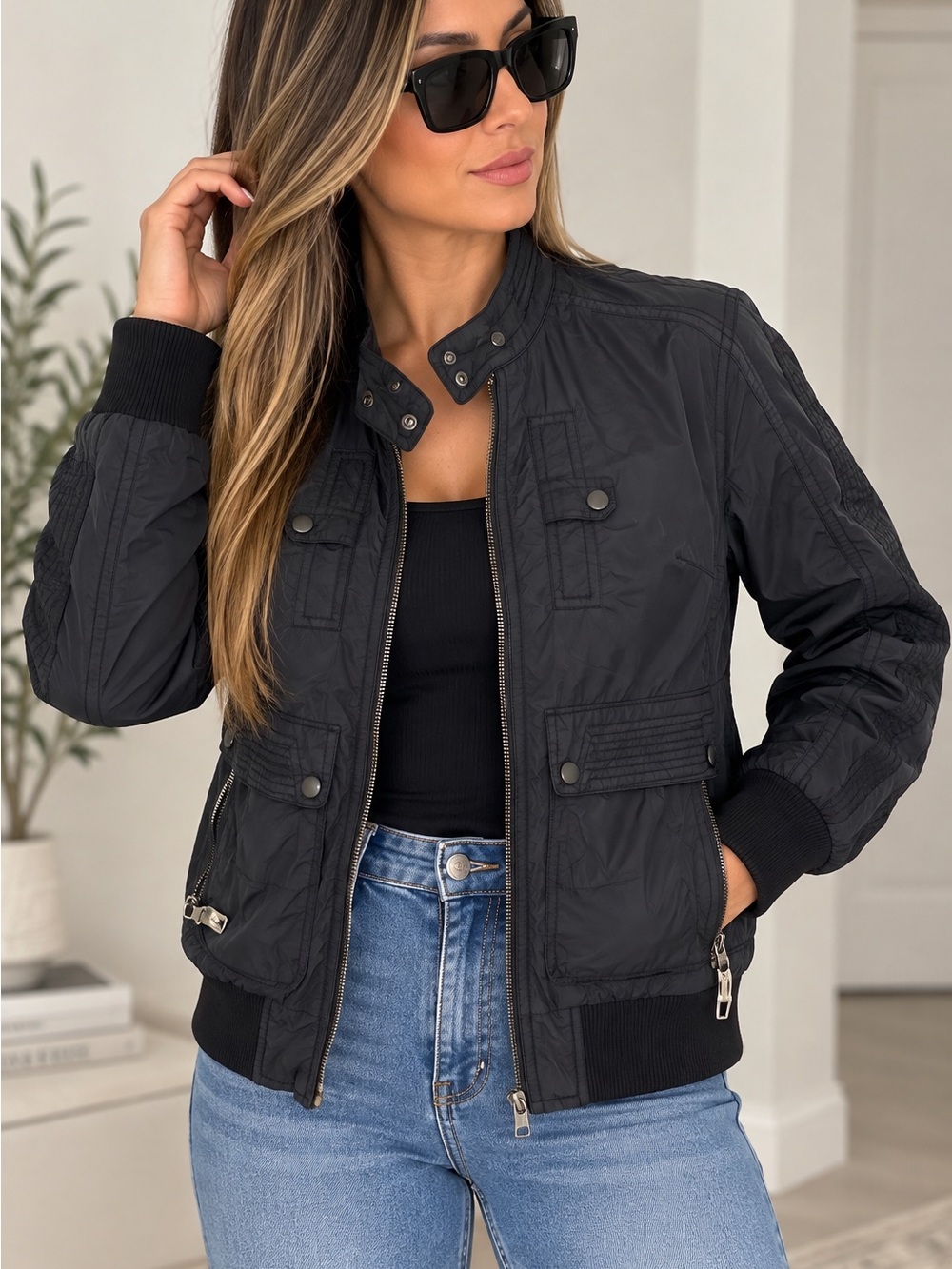 INC International Concepts Black Women's Bomber Jacket with Snap Collar